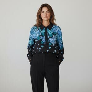 XL Bob Mackie Wearable Art Womens Silk Blouse Long Sleeve Artsy Floral Hydrangae